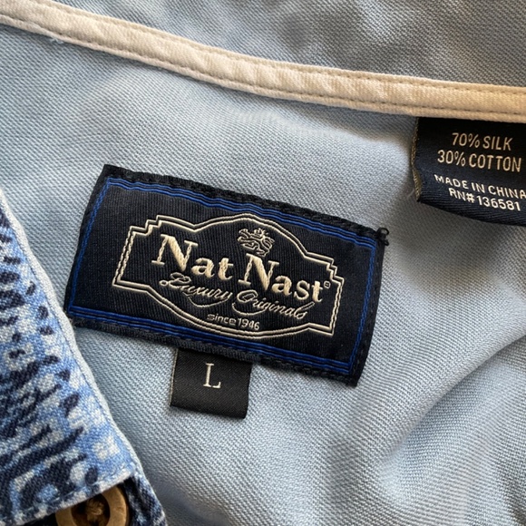 Nat Nast Button Blue 70% Silk 30%Cotton Camp Shirt Sz L Hawaiian geometric - Picture 3 of 16